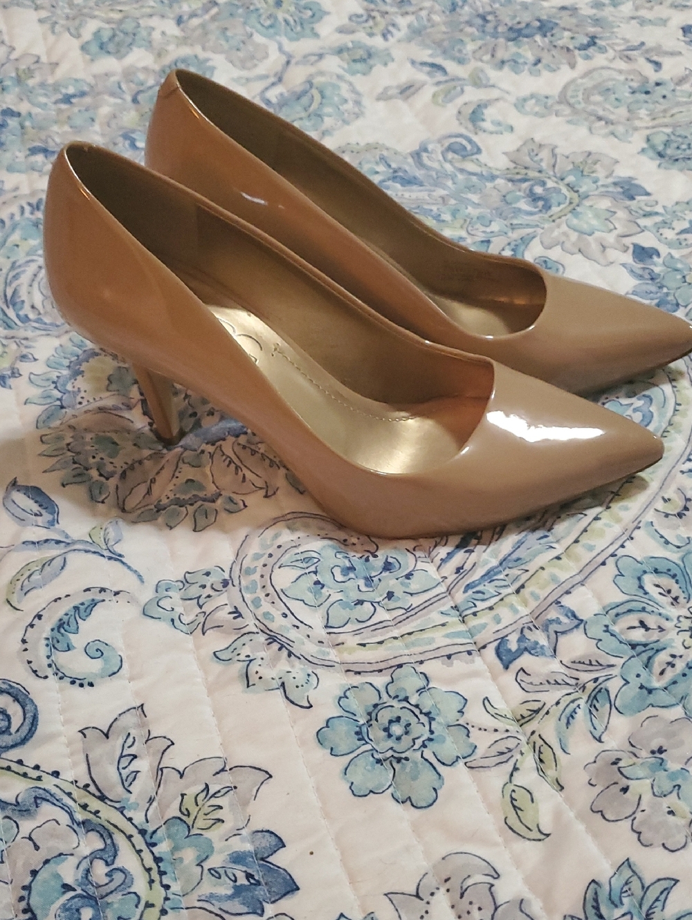 BCBG Paris Patent Pointed-Toe Pumps in Taupe